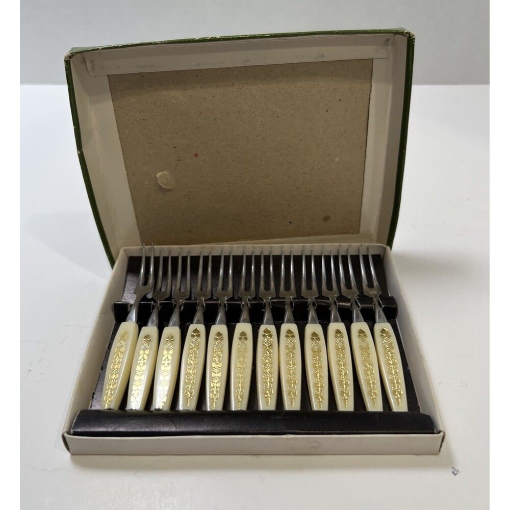 Vintage Mini Forks 12 Stainless Steel in Box, Hors D'oeuvres Appetizers, Japan